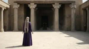 Queen Esther in royal purple robes standing alone in the vast inner courtyard of the ancient Persian palace in Susa, facing the shadowed throne room to plead for her people.
