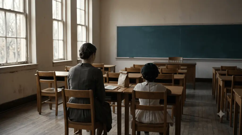 A 1960 American Southern classroom showing young Ruby Bridges and her teacher Barbara Henry from behind, sitting side by side at two wooden desks in an empty classroom, symbolizing the story of "The Second Desk" and faithfulness at work.