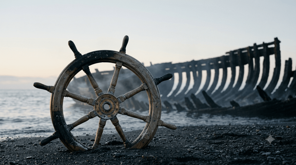 Scorched wooden ship steering wheel half-buried on a dark beach with burned shipwreck ribs in the background.