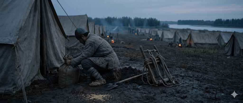 A weary Sui dynasty soldier burying a sack of grain in the mud at dusk during the Salsu campaign in 612.
