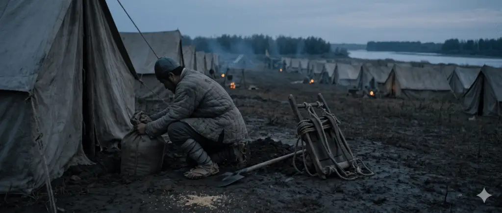 A weary Sui dynasty soldier burying a sack of grain in the mud at dusk during the Salsu campaign in 612.