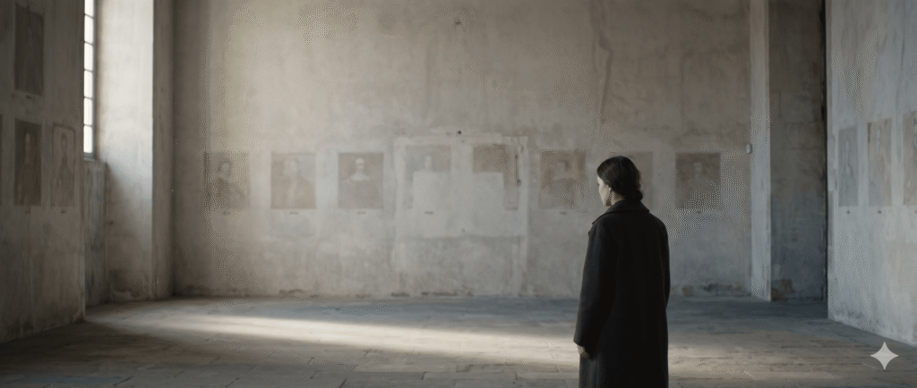 A young woman in a dark coat standing in an empty high-ceilinged stone hall with portrait silhouettes on the wall.