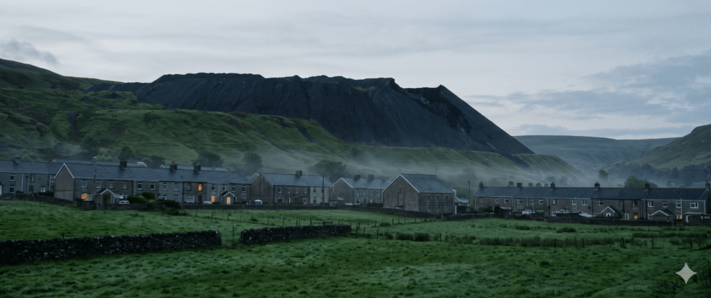 Cinematic full-frame view of a green Welsh mining valley at dawn with terraced houses and a dark coal spoil tip on the hillside.