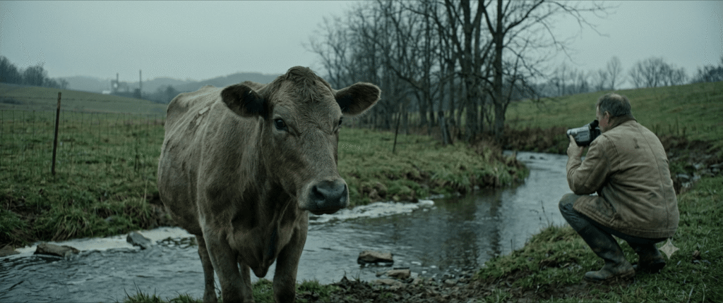 A West Virginia cattle farmer recording contaminated creek water with a 1990s camcorder while a sick cow looks into the camera lens in late autumn, high-lighting the DuPont PFOA investigation.